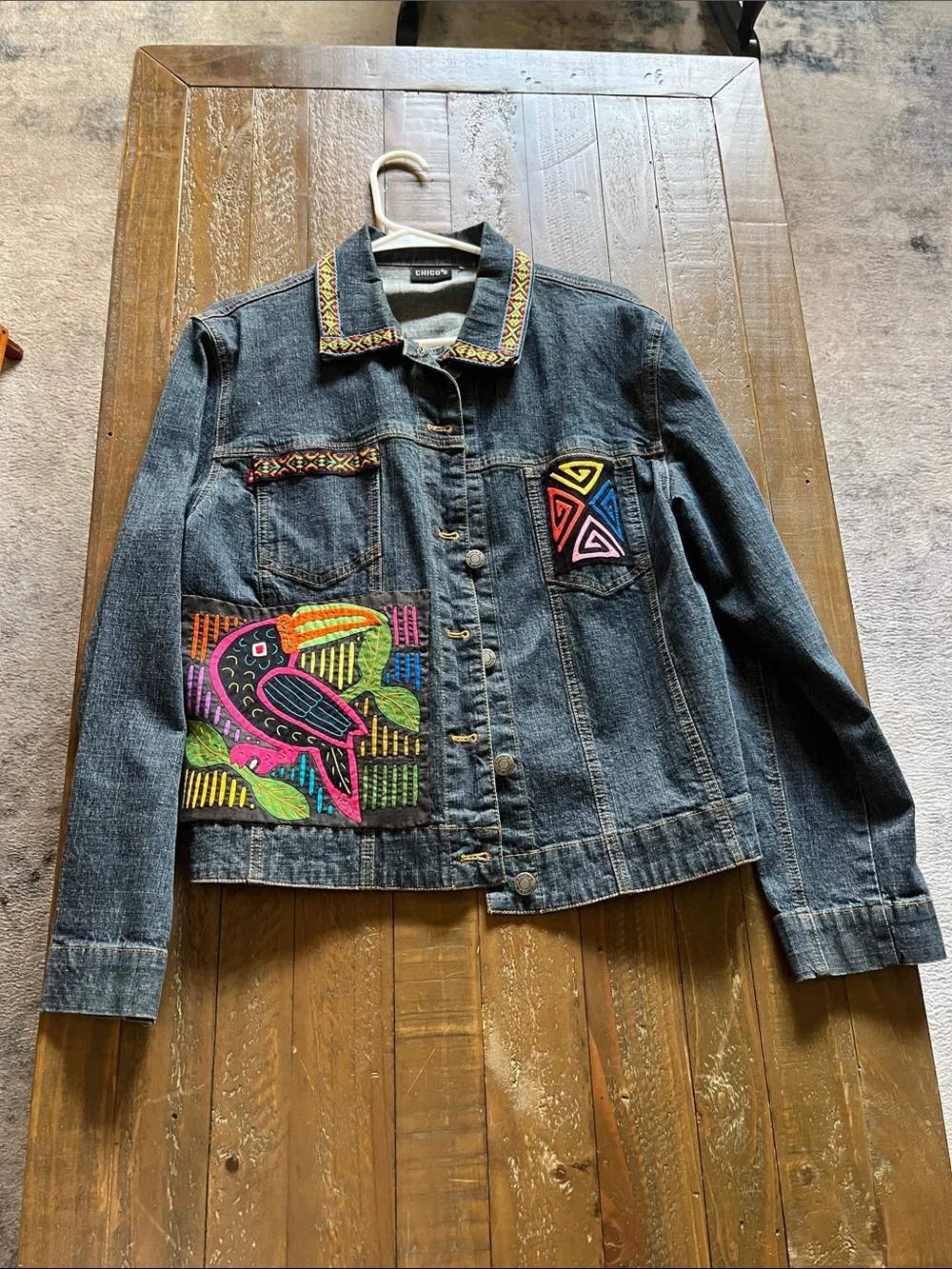 Embroidered Dark Denim Jacket with Multicolor Accents